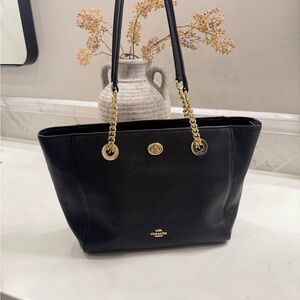 Coach Black and Gold Leather Tote with Chain Straps